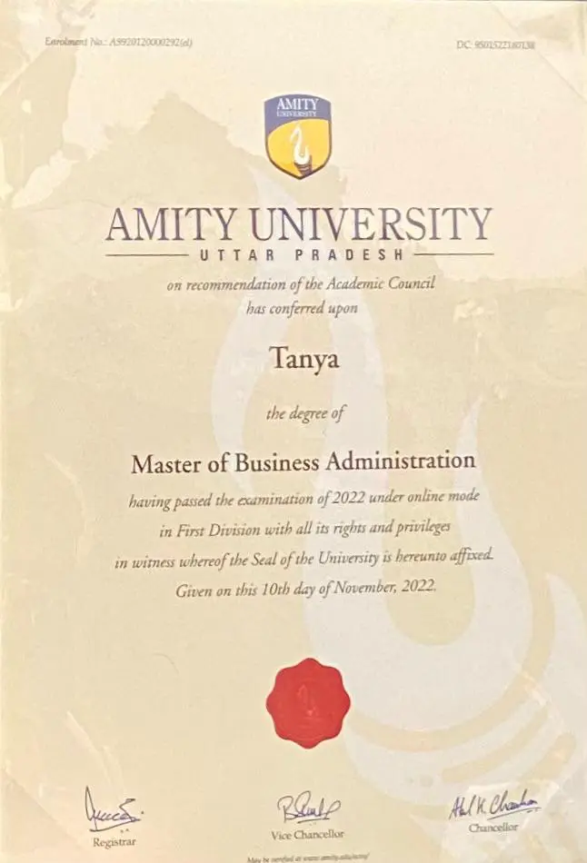 Amity Online MBA Sample Certificate