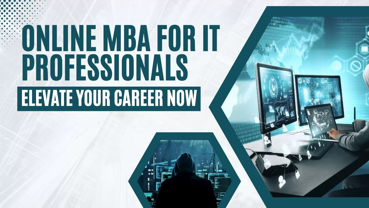 this image indicates laptop and text indicates a online MBA for working professionals, elevate your career now