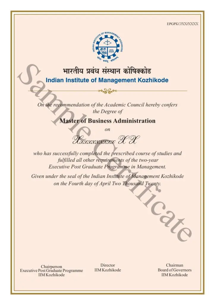 IIM Kozhikode Sample certificate